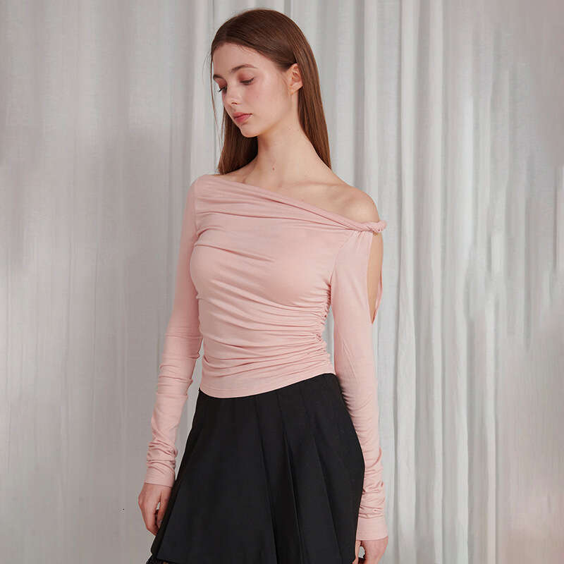 Ytp447 Women's Autumn New Solid Color Asymmetrical Neck Single Shoulder Sexy Tie Long Sleeve Top B5