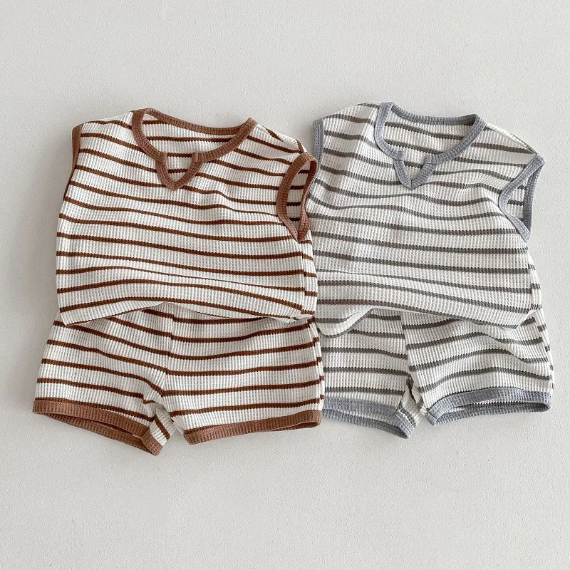 Summer Baby Clothes 05T Solid Color Boys Striped Sleeveless TShirt Shorts Set Breathable Girls Vest Short Sleeved Set 250725