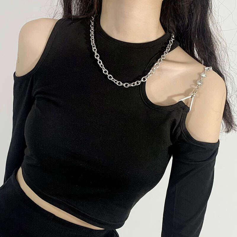 2021 Street Fashion Summer New Women's Slim Fit Sexy Off-Shoulder Long Sleeve Round Neck Short T-Shirt ee9