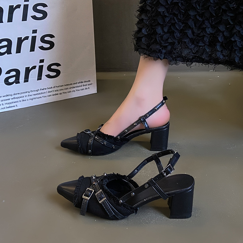 Ddmysports Chunky Heel Design High Heels Black Elegant Closed Toe Sandals Fairy Spring Summer Women S French Style Slippers Single Shoes Outdoor Shoes