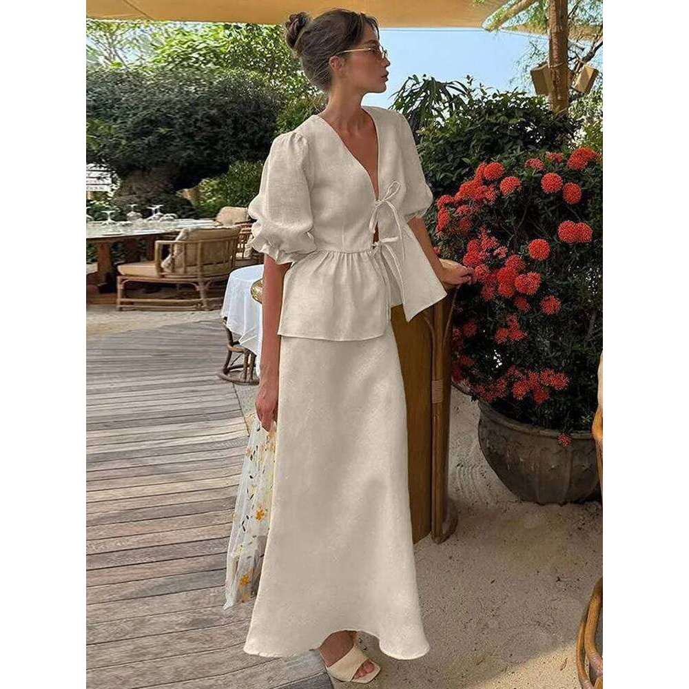Designer Clothing 2025 Lace Up Short Sleeved Women Two Pieces Set V-Neck Summer Women's Bubble Sleeve Shirt Long Skirt Loose Casual Outfit