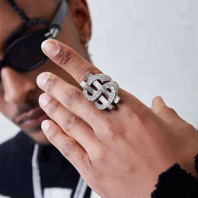 Fashion US Dollar Sign Rappers Hip Hop Style Cuban Link Ring Gold Plated Sterling Sier Moissanite Rings for Men