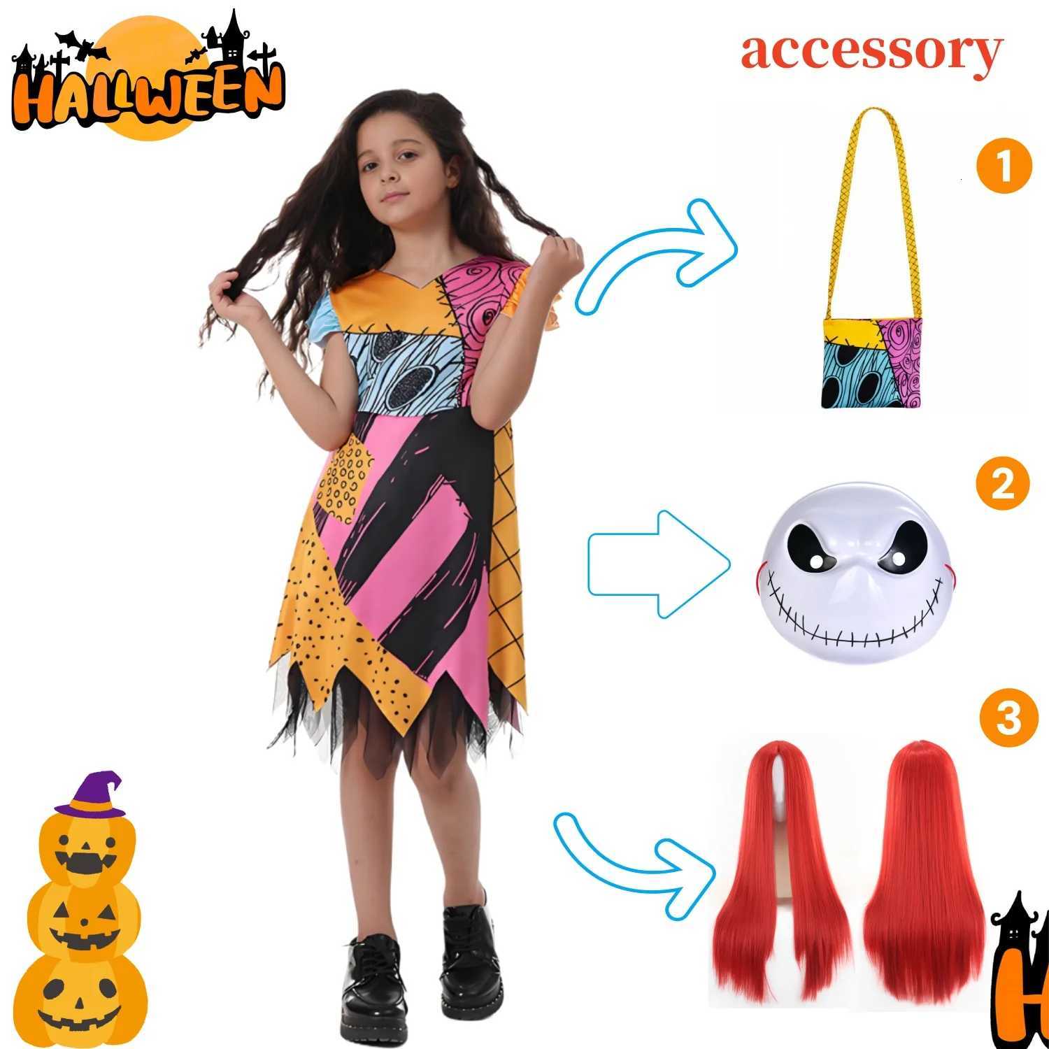 Kids Girls Halloween Sally Costume Movie The Nightmare Cosplay Before Christmas Bow Print Princess Dress Bag Suit For Children Z250725
