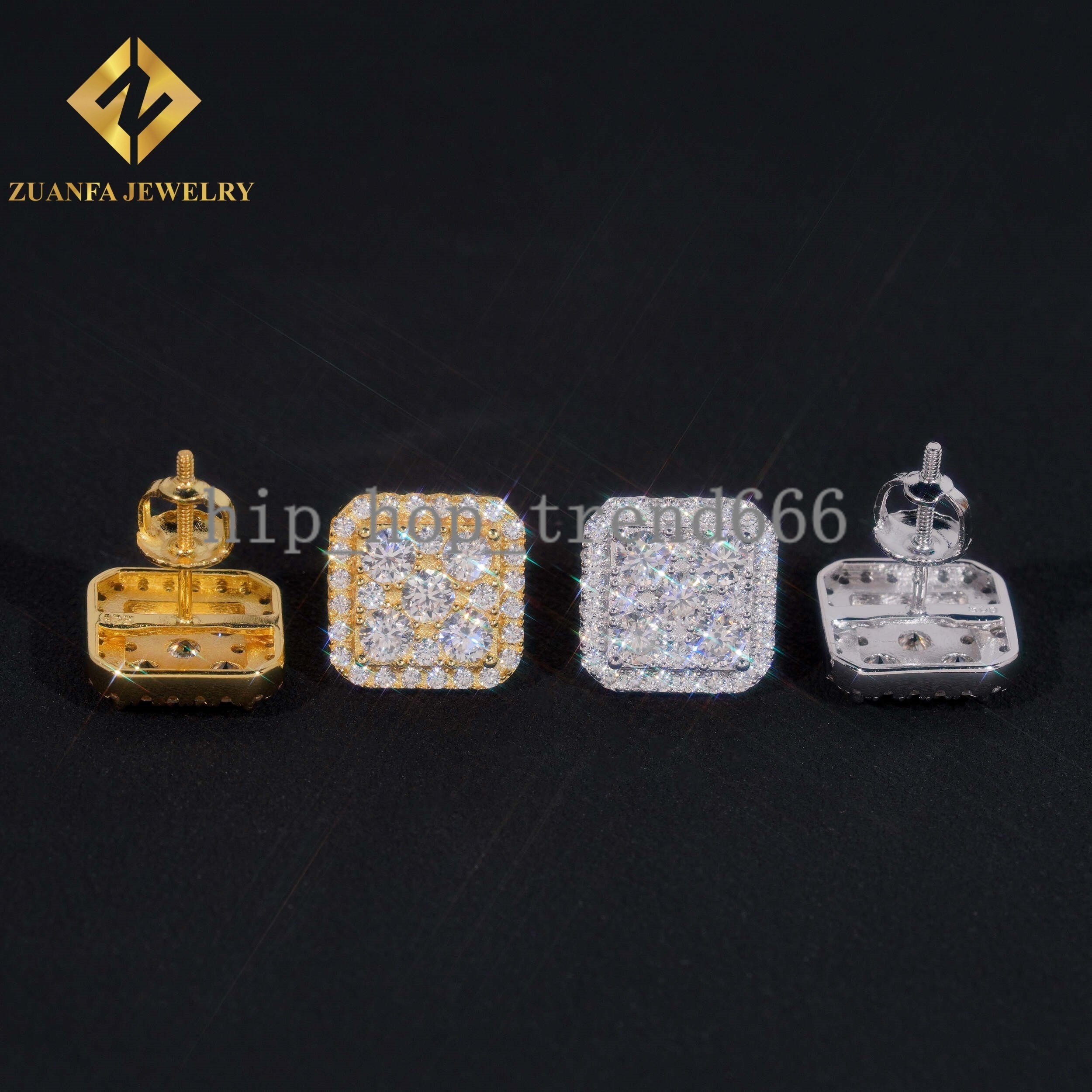 Square Shape VVS Moissanite Stud Earrings 925 Silver Gold Plated Stud Earring Fine Hip HOP Jewelry Men Women