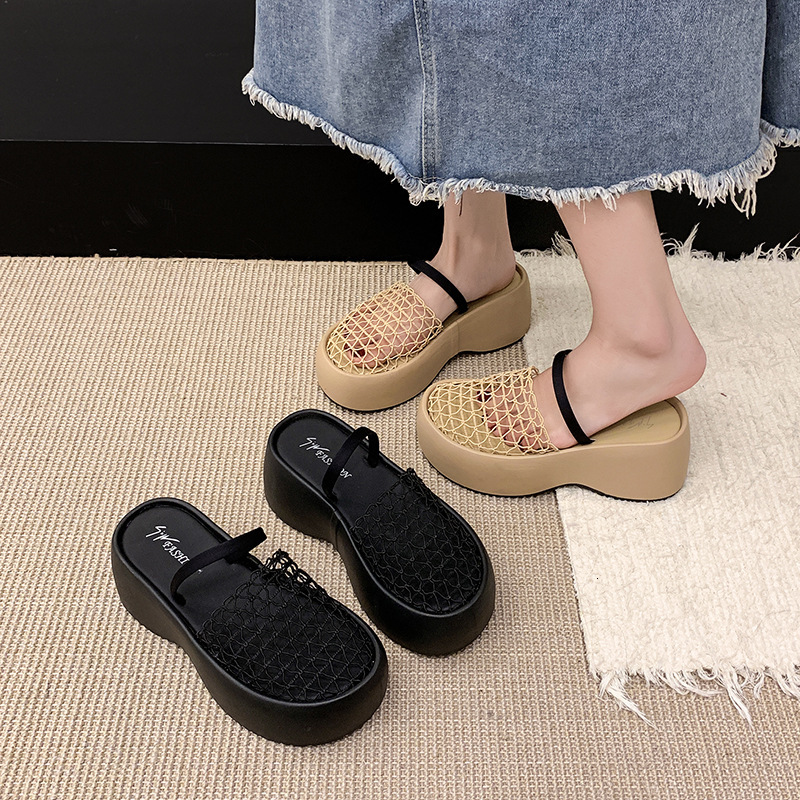 Ddmysports French Style Platform Thick Sole For Women New Hollow Breathable Wedge Half Slippers Small Height Increasing Sandals Outdoor Shoes