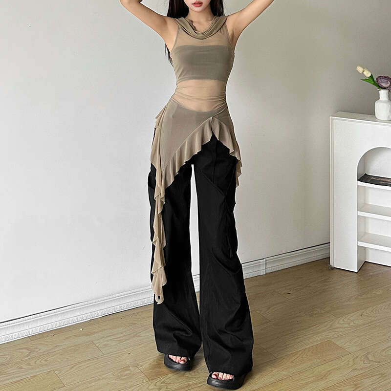 2024 Summer New Women's Solid Color Slim Street Fashion Hooded Sleeveless Mesh Top ff9
