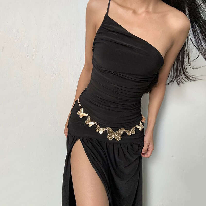 2025 Spring New Women's Solid Color Slim High Waist Fashion Single Shoulder Strap Sleeveless Dress fcd