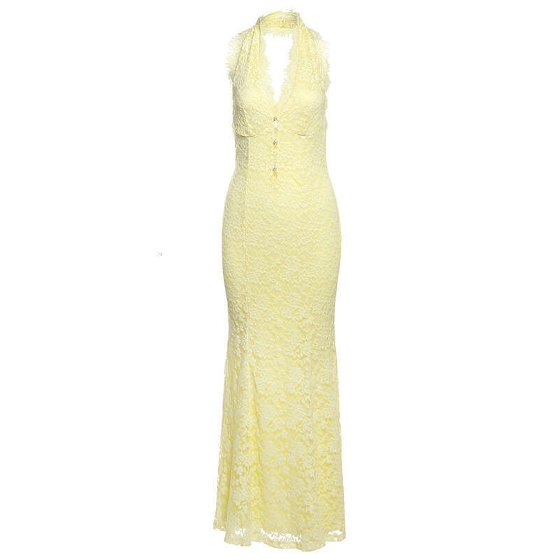 2025 Spring Summer New Solid Color Sexy Halter Neck Slim Waist Long Dress for Women a35