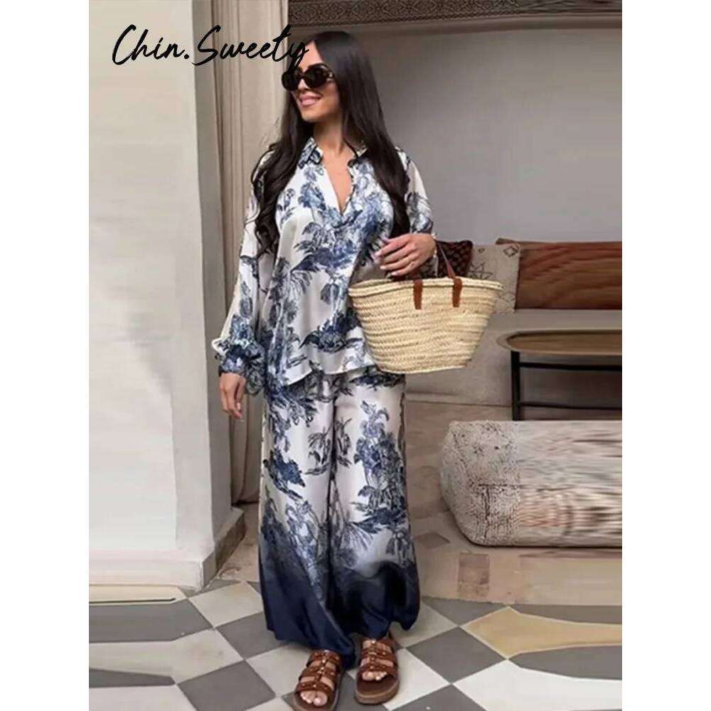 Designer Leisure High Quality Vintage Tie Dye Print Shirt Pants Women Set Long Lantern Sleeve Button Shirts Empire Pleated Pant 2025 Spring Summer Lad