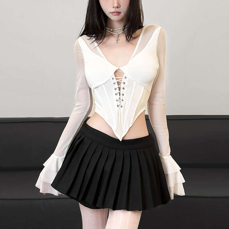 2024 Autumn Winter New Women's Solid Color Slim Street Fashion V-Neck Long Sleeve Sheer Top b93