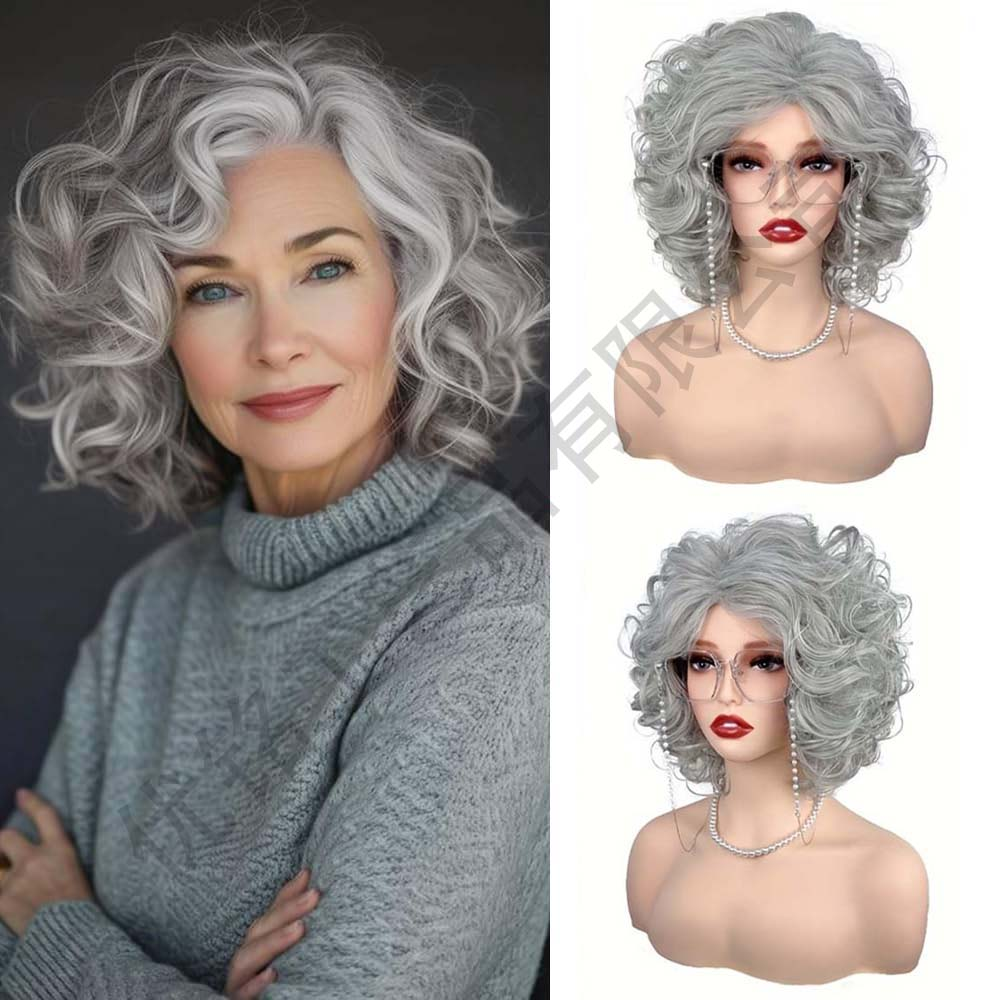 European and American women's medium-length short curly light gray breathable wig, gray-white synthetic silk wig headband