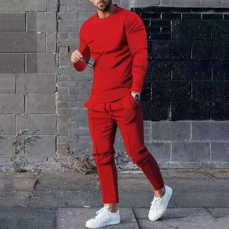Solid color Men's Suit Sleeve T-shirt Long Pants 2 Pieces Set Tracksuit Casual Male Streetwear Oversize Clothing Sweatshirt