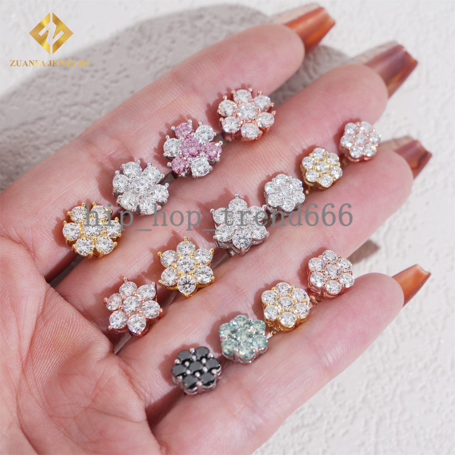 Women Luxury Hot Sale Gold Plated Hip Hop Jewelry Multi Size 925 Sterling Silver Flower Cluster Moissanite Diamond Stud Earrings