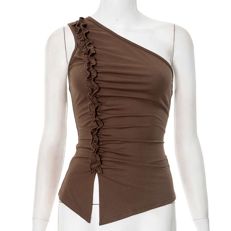 Ytp088 Women's Spring Summer New Solid Color One-Shoulder Ruched Lace T-Shirt Top B5