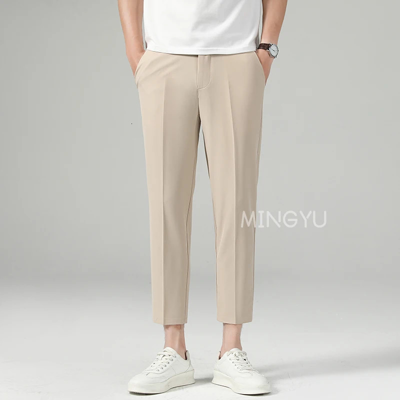 Summer Thin Suit Pants Men Business Elastic Waist Formal Korean Social Slim Work Office Ankle Length Long Trousers Male 250725