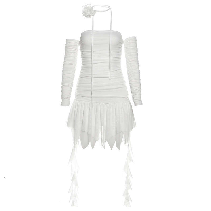 2024 Autumn New Women's Solid Color Slim High Waist Fashion Off-Shoulder Long Sleeve Dress abb