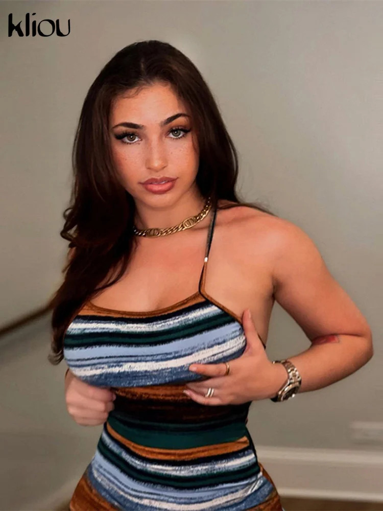 Kliou Panelled Striped Mini Dresses Aesthetic Women Sexy Skinny Slash Neck Camisole Backless Vintage Midnight Clubwear Outfits 250717