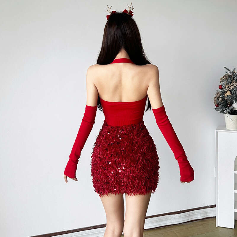 2024 Autumn New Women's Solid Color Slim Fit Bodycon Fashion High Waist Halter Backless Dress cf8