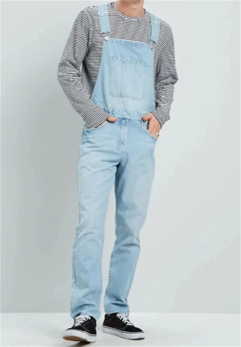 Mens Street Casual Suspenders Pants 2024 Fashion Cool Jumpsuit Youth Straight Jeans Male Splicing Big Pocket Denim Trousers 250725
