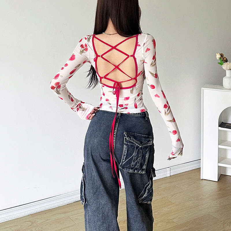 2024 Summer New Women's Fashion Solid Color Slim Street Style Round Neck Long Sleeve Backless Top c91