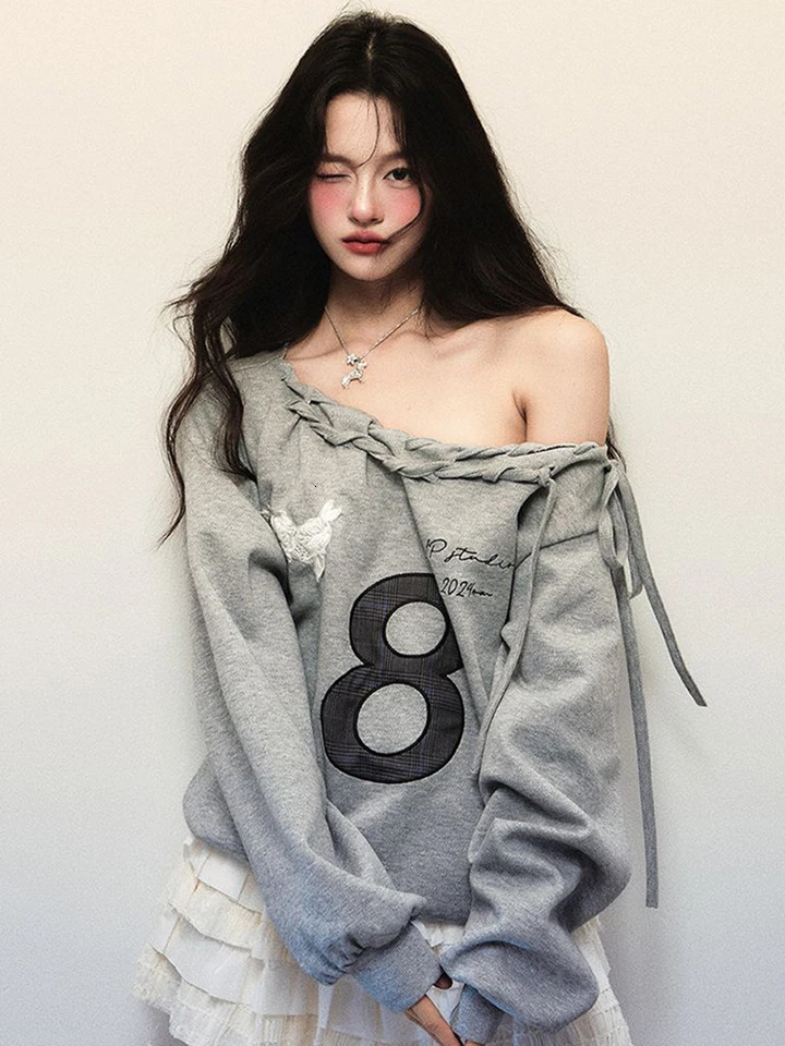 2K Streetwear Gray Sweatshirts Women Off Shoulder Loose Letter Pullovers Harajuku Retro Female Casual American Tops 250723