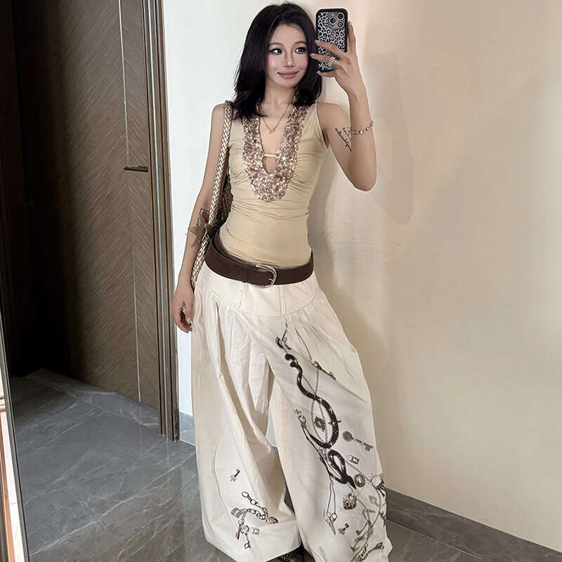 2025 Spring New Women's Solid Color Slim Fit Fashion V-neck Sequin Sleeveless Vest Top 2b9