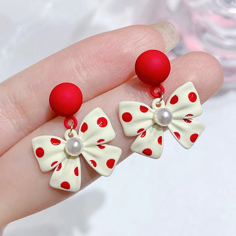 Cute Pearl Bowknot Drop Earrings for Women Red Round Dangle Wedding Party Wave Point Print Sweet Jewelry pendientes 250715