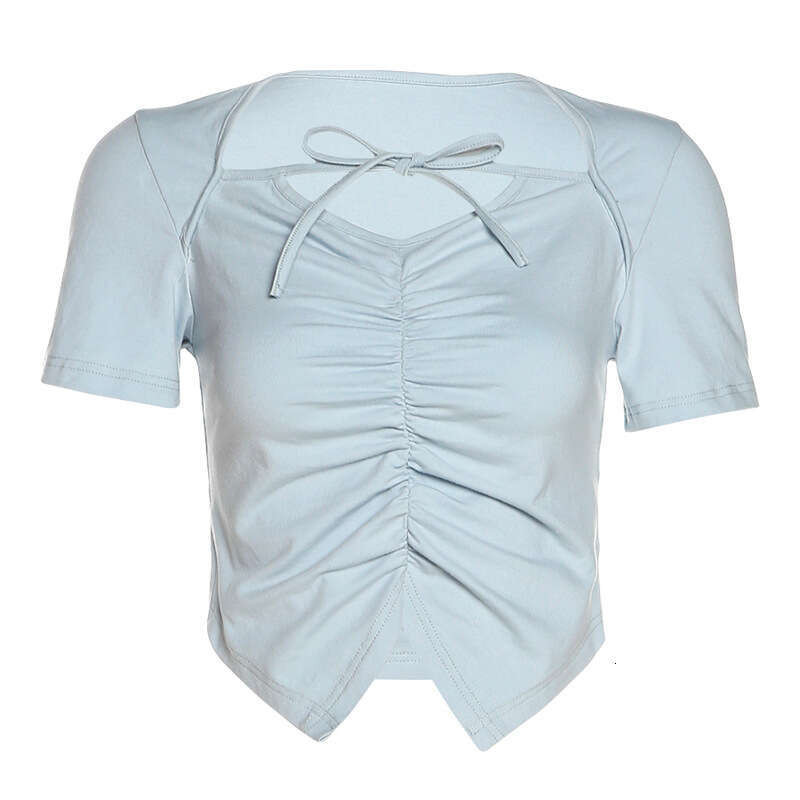 Trendy 2022 Summer New Women's Solid Color Slim Sexy Crop Ruched T-Shirt bbe