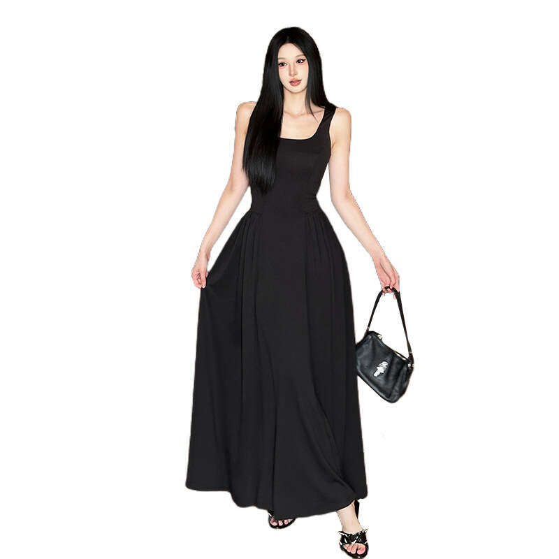 2025 Summer New French Style Elegant Square Neck Waist-Cinching Slim Fit Fashion Casual Sleeveless Long Dress 074