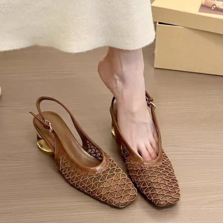 Designer sandals French Style Elegant Square Toe Woven Closed Back Sandals for Women 2025 New Design Sense with Dress Crystal Heel Single Shoes
