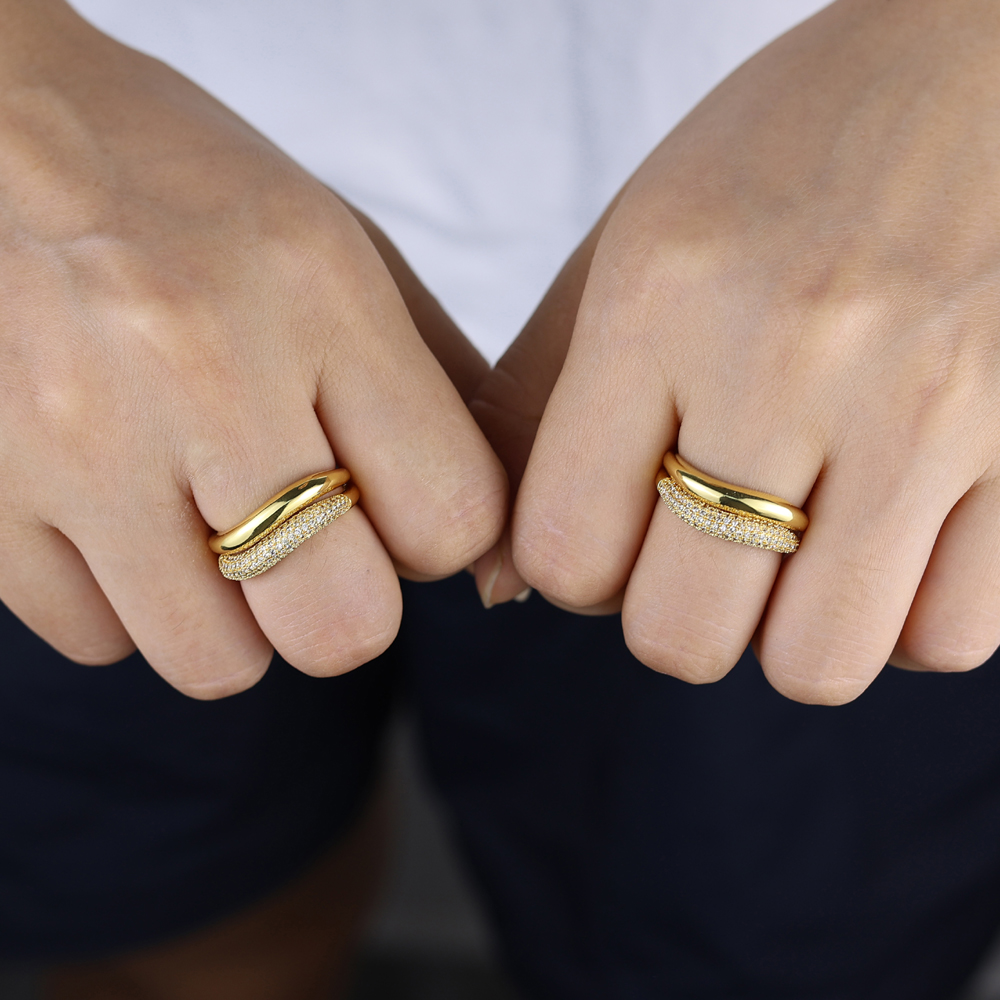 2025 New Arrivals Gold Color Multi Layer Geometric Ring Set Pave Bling Cubic Zirconia For Women Girl's Fashion Wedding Finger Jewelry