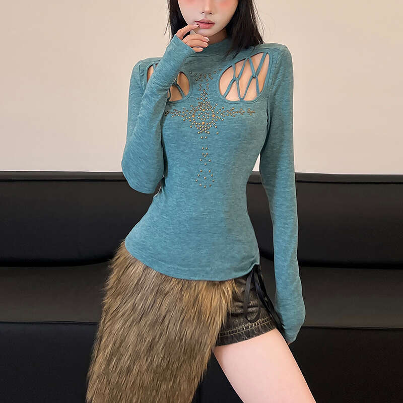 2024 Autumn New Women's Solid Color Slim Street Fashion Round Neck Long Sleeve Hollow Out Top edf