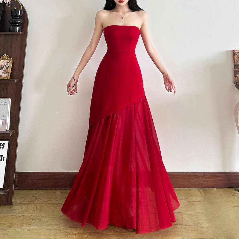2025 Summer New Sleeveless Backless Slim Waist Slimming Irregular Tube Top Long Dress for Women ffc