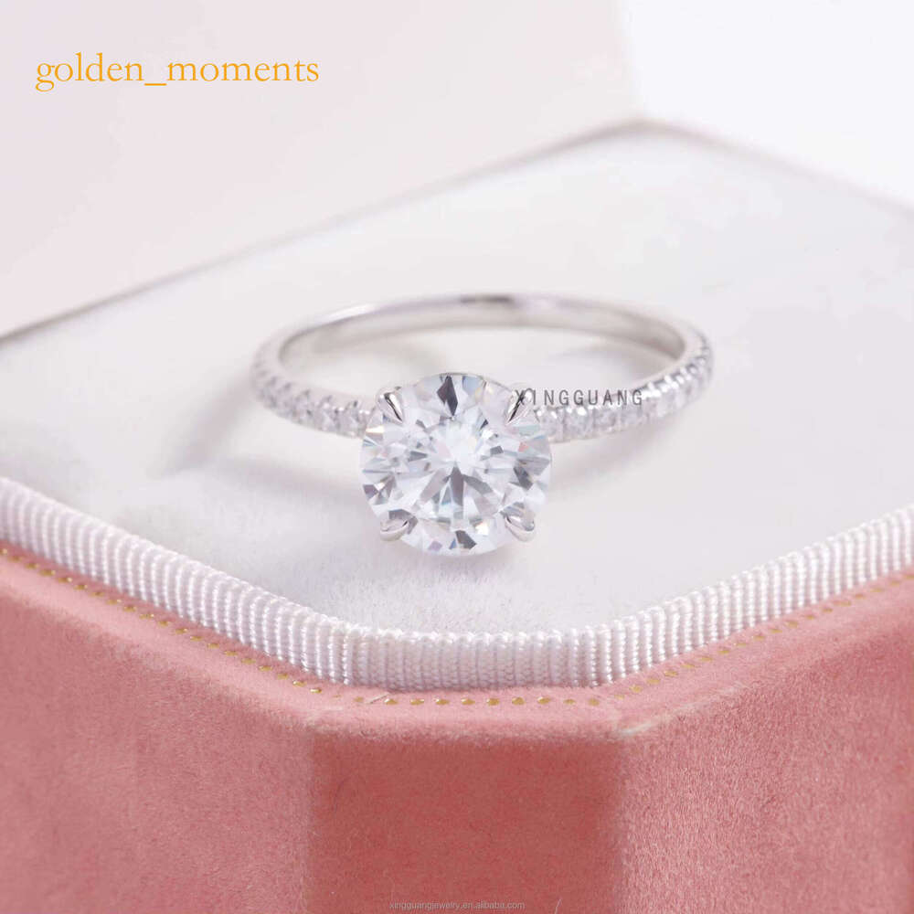 Fine Jewelry White Solid Gold Prongs 2CT Excellent Round Dia with Pave Band Moissanite Rings for Women Wedding
