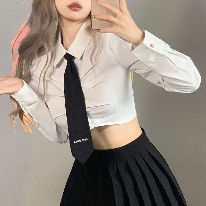 2022 Autumn New Women's Solid Color Slim Fit Turn-Down Collar Fashion Tie Crop Long Sleeve T-Shirt d21