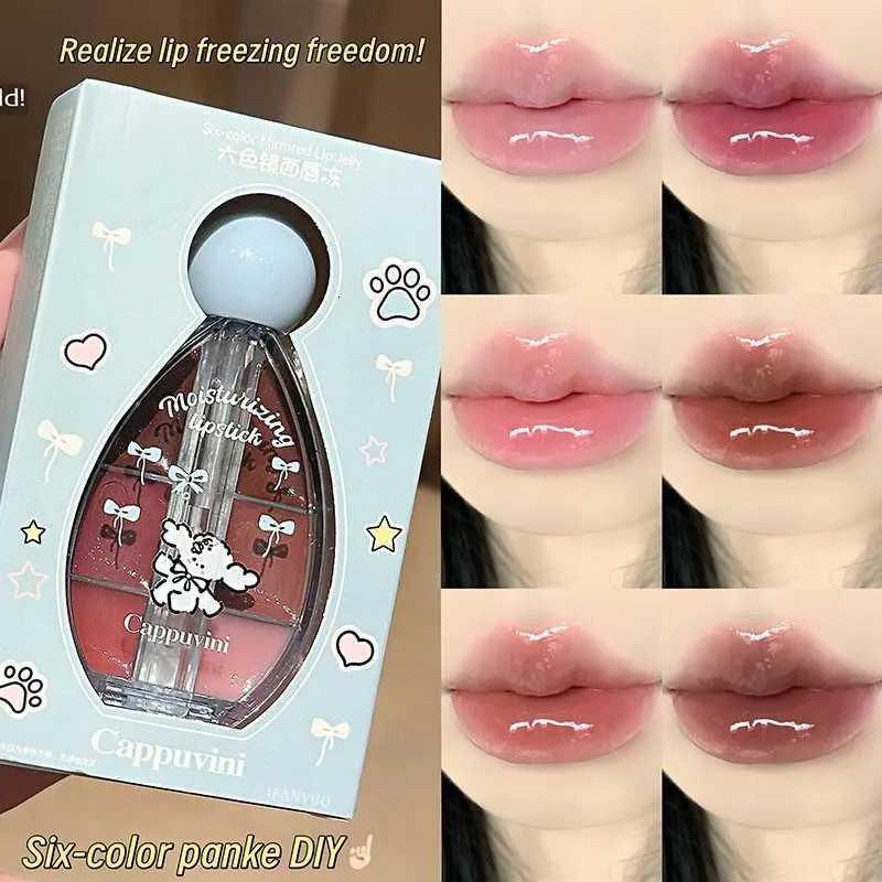 Strawberry Mirror Lip Jelly PlateSix-color Juicy Pink Plum Solid Lip Gloss Set Silicone Brush Head Moisturizing Lip Oil TintXJ250724