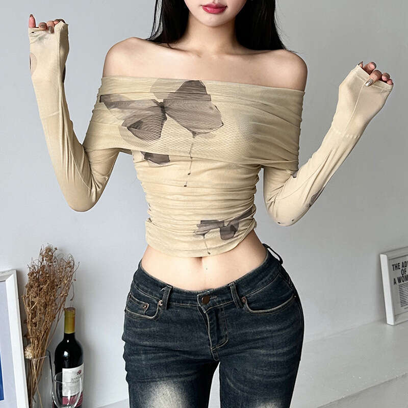 2023 Summer New Women's Solid Color Slim Fit Crop Street Fashion Off-Shoulder Long Sleeve T-Shirt dfe