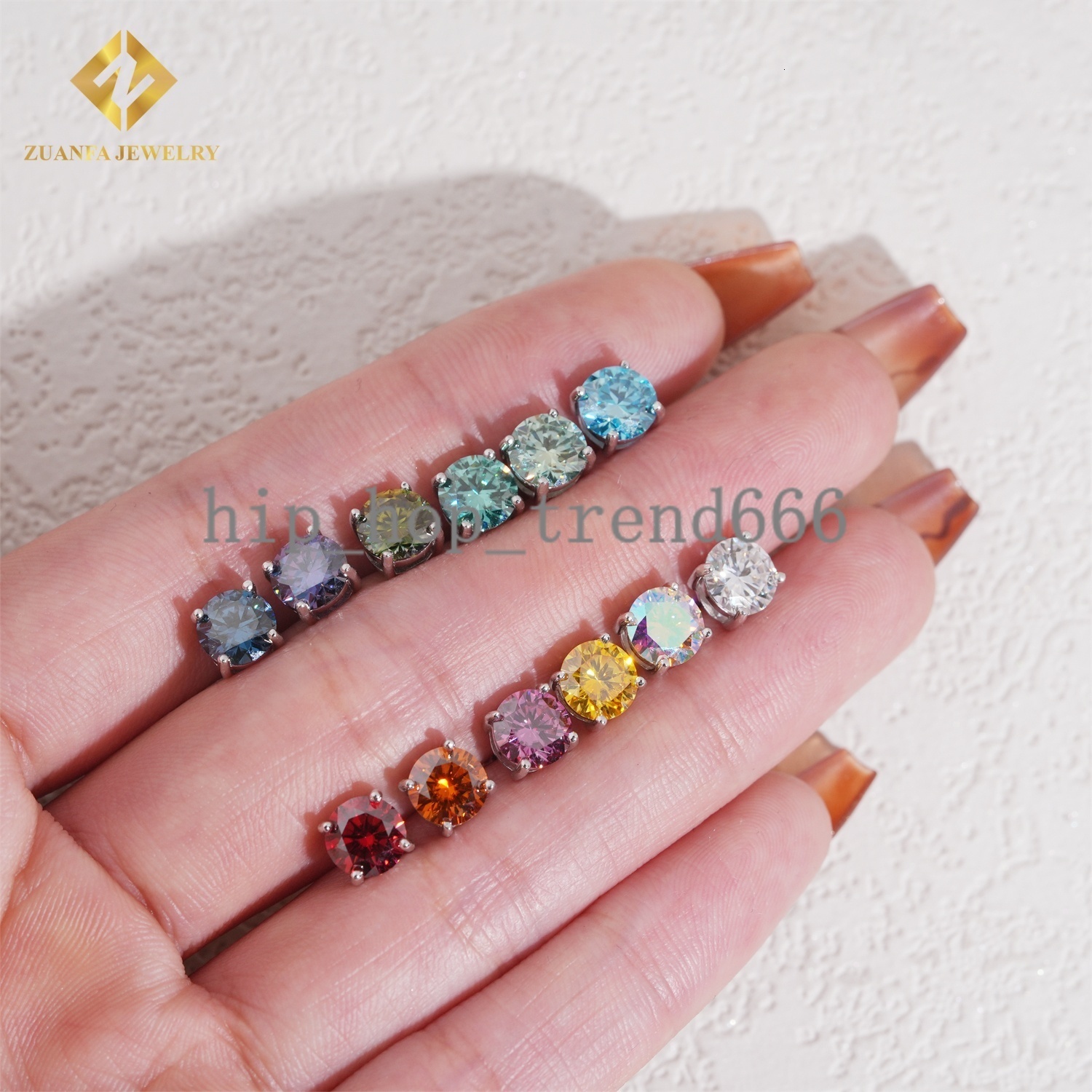 New Stock 12 Color Moissanite Diamond Stud Earring Iced Out 1ct Round Brilliant Cut 925 Silver Hip Hop Earrings