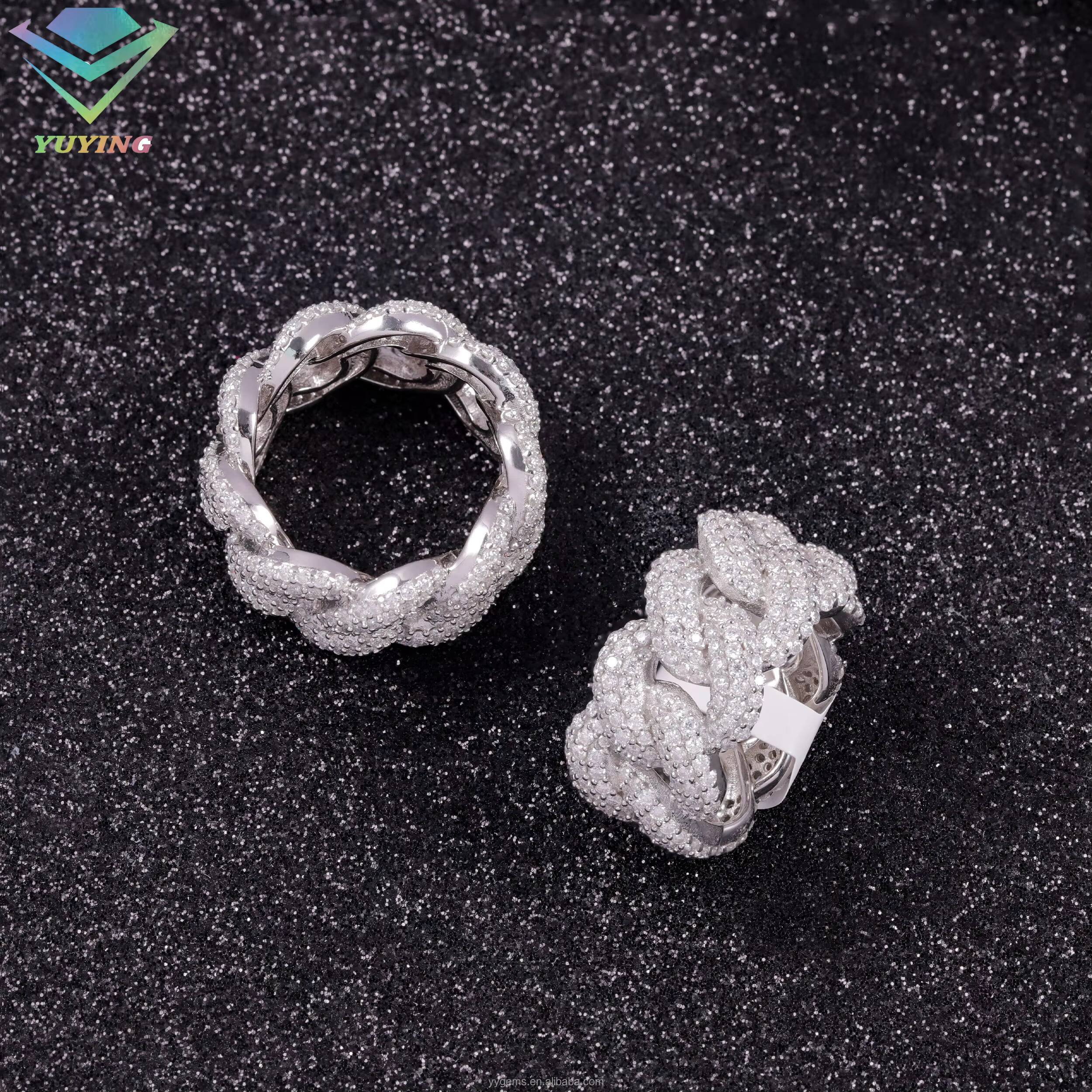 Yu Ying Pass Diamond Tester Hip Hop Bling D Color Moissanite Iced Out Mens 3 Rows Cuban Link Ring With 925 Sterling Silver GRA