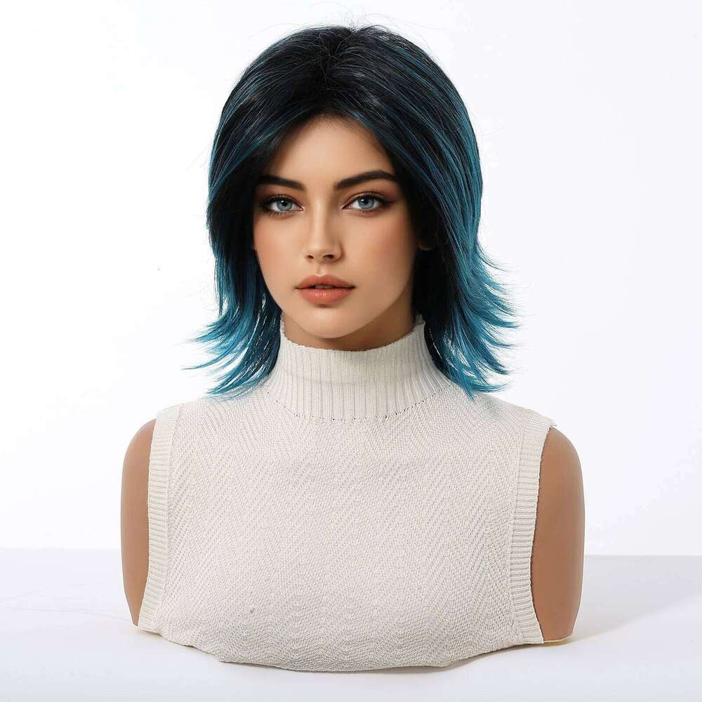 Allbell Magique Short Layered Synthetic Wigs Black To Blue Fake For Women Party Cosplay Use Natural Heat Resistant Hair