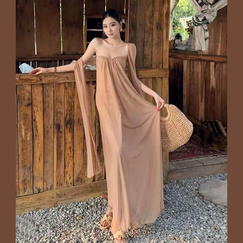 2025 Spring New Women's Solid Color Loose Street Fashion Off-Shoulder Tube Dress 6e6