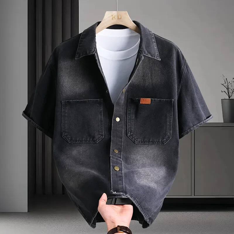 Trendy Mens Solid Denim Shirt Soft Breathable Collar MultiPocket ShortSleeve Casual Comfortable Versatile Top 250725