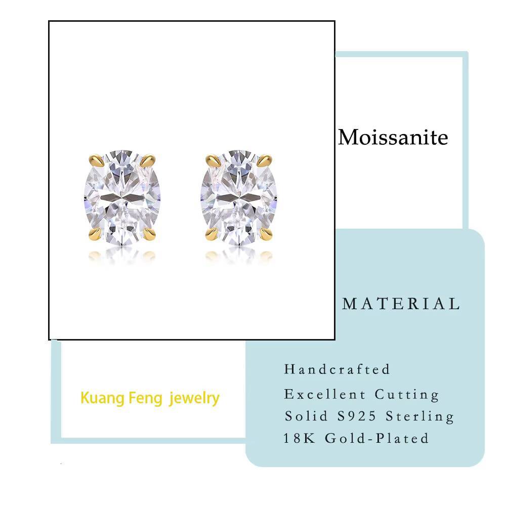 1 1.5 2 3 Carat Moissanite Earrings Oval Cut 925 Sterling Silver 18K Gold Plated Four Prong Design Ladies Stud Earrings