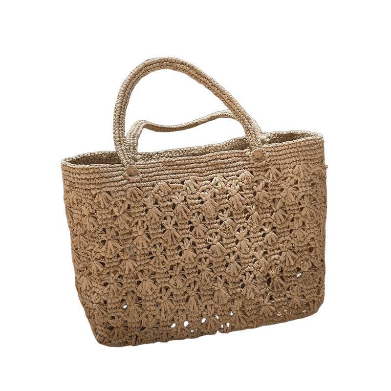 Style Bohemian Lafite Handwoven Straw Single Shoulder Holiday Beach Vacation Tote Women's Artistic Floral Hook Bag