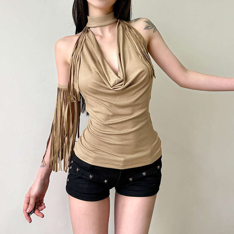 2025 Spring Summer New Fashion Street Style Solid Color Sexy Halter Neck Sleeveless Backless Tank Top 6c0