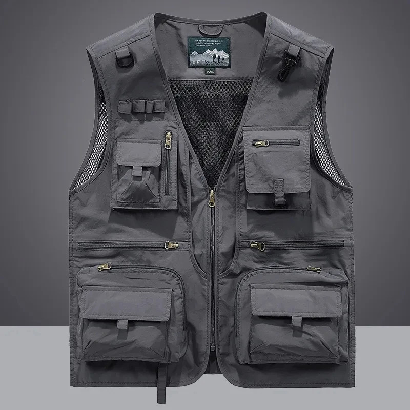 2025 Mens Vest Tactical Webbed Gear Coat Summer Pographer Waistcoat Tool Many Pocket Mesh Work Sleeveless Jacket Male 250725