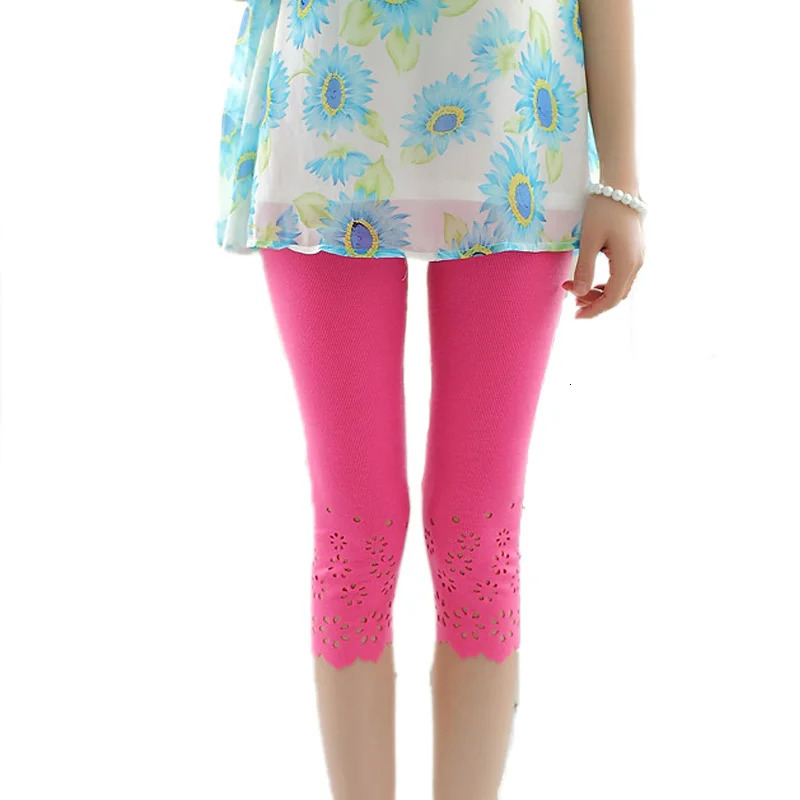 Summer Women Elastic Short Leggings Cotton Knitted Hollow Out Flower Pants Female Cute Solid Safty 250725