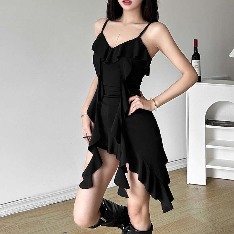 2024 Spring New Women's Solid Color Slim Fit Fashion V-neck Strap Ruffle Dress 020