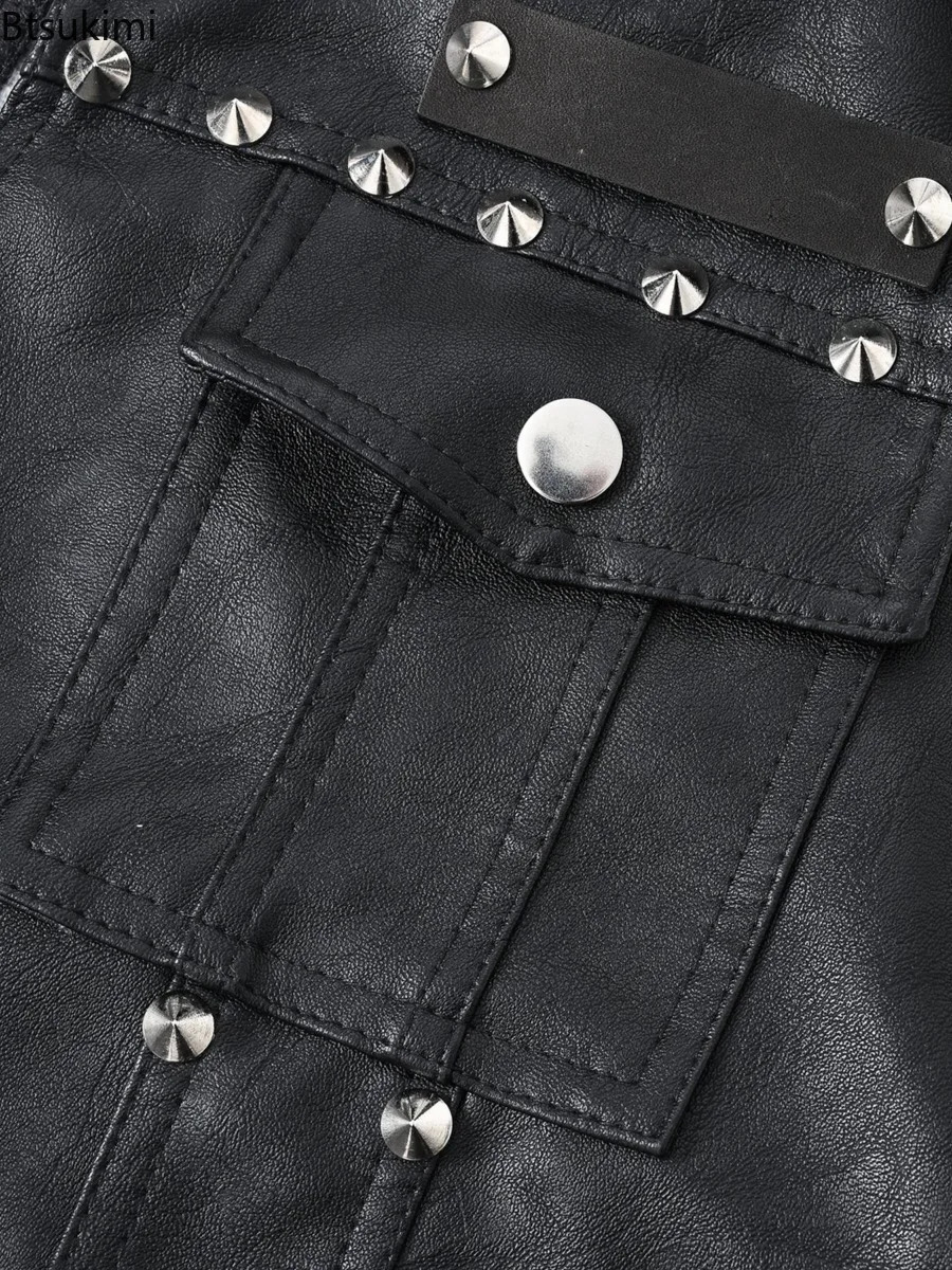 2025 Mens Punk Style Leather Vest Vintage Black Sleeveless Motorcycle Waistcoat with Rivets Fashion High Street PU Jackets Male 250725