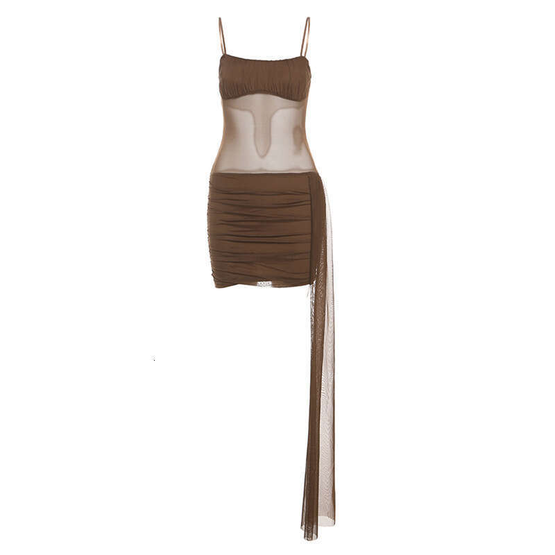 2025 Spring New Women's Solid Color Slim High Waist Fashion Strap Sleeveless Sheer Mesh Dress 9c4